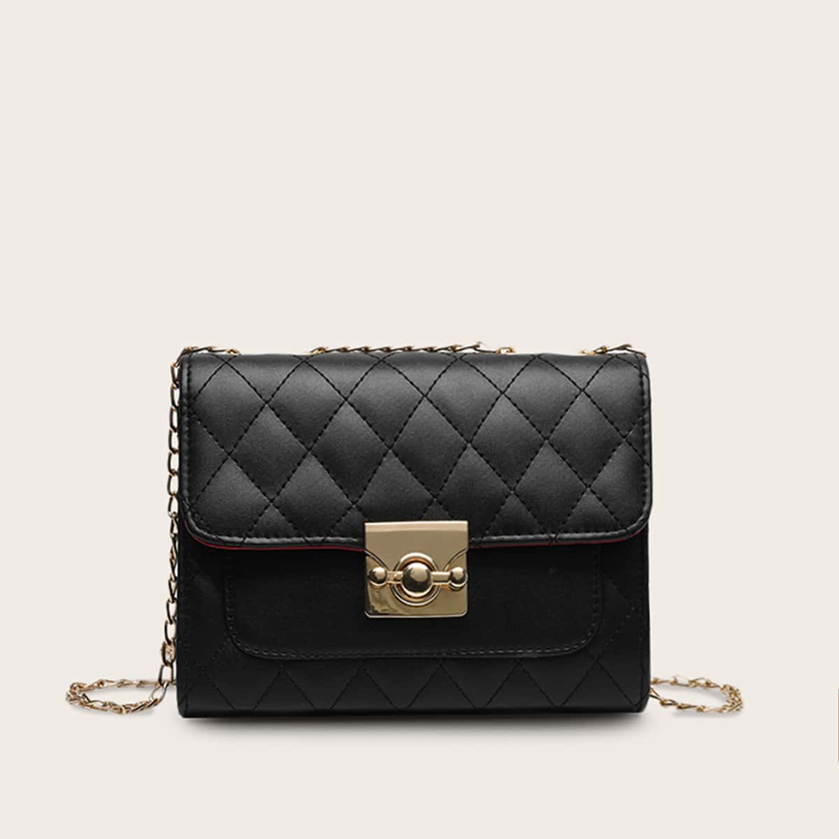 

Metal Lock Quilted Chain Bag, Black
