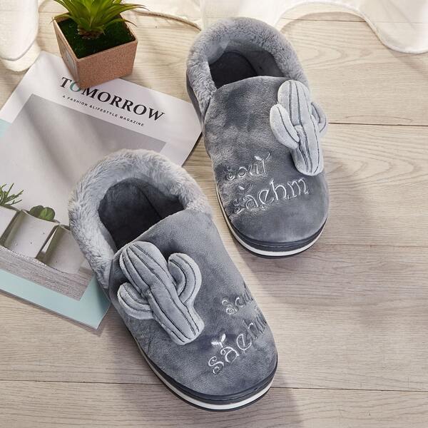

Men Cactus Decor Letter Embroidered Slippers, Grey