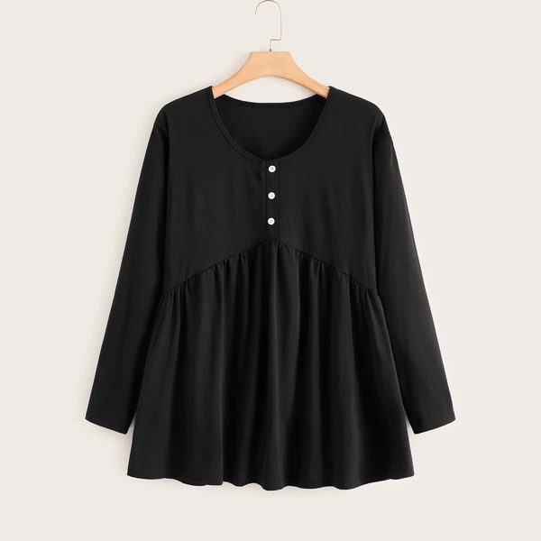 

Plus Button Front Ruffle Hem Tee, Black