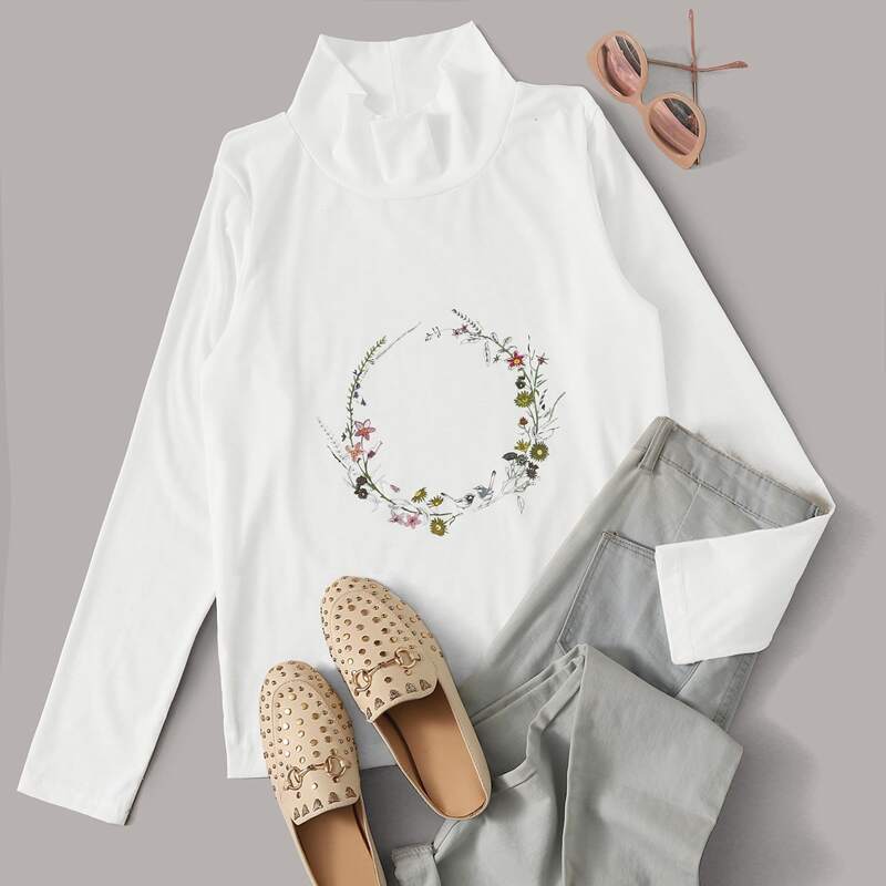 

High Neck Plants Print Tee, White