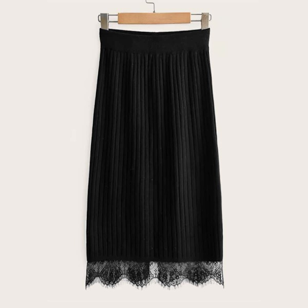 

Contrast Lace Hem Sweater Skirt, Black