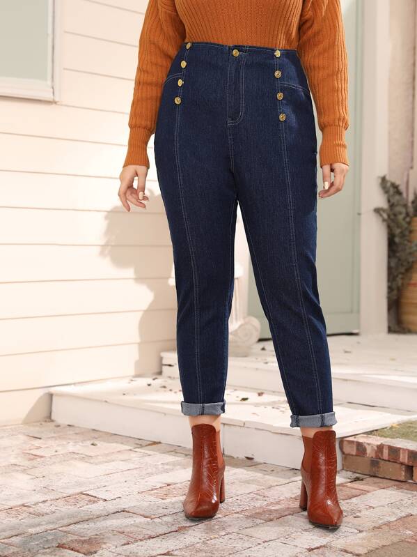 

Plus Double Button High Waist Tapered Jeans, Navy, Nora