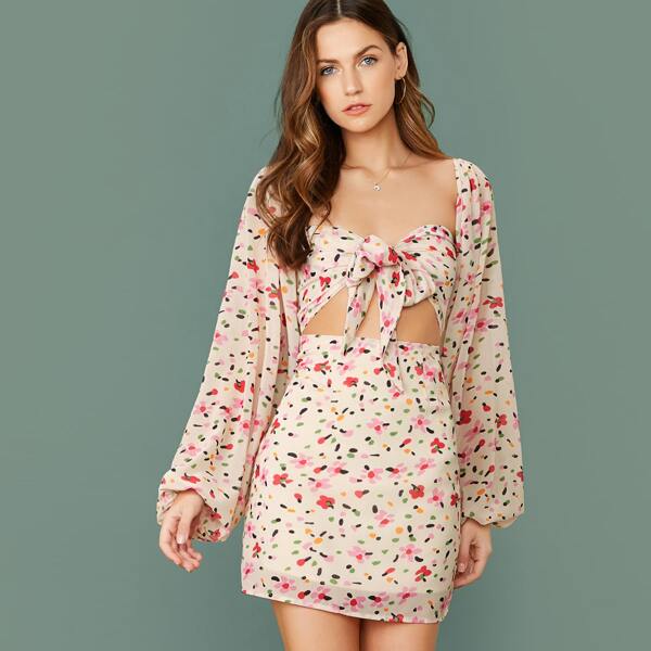 

Tie Front Floral Polka Dot Long Sleeve Mini Dress, Multicolor