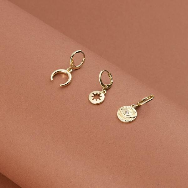 

Three Mini Hoop Moon Eye Star Charm Earrings, Gold