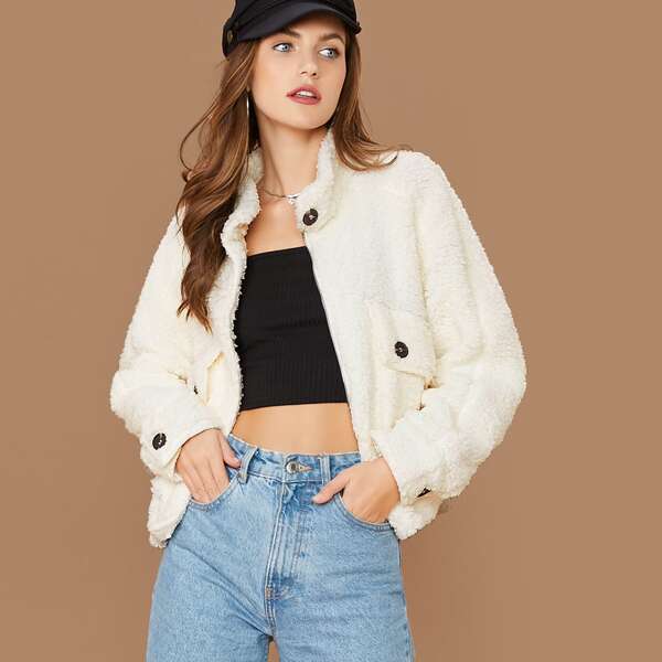 

Mock Neck Button Front Fuzzy Bear Sherpa Jacket, Beige