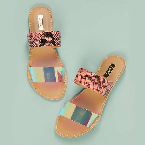 

Iridescent Lizard Twin Band Open Toe Sandals, Multicolor