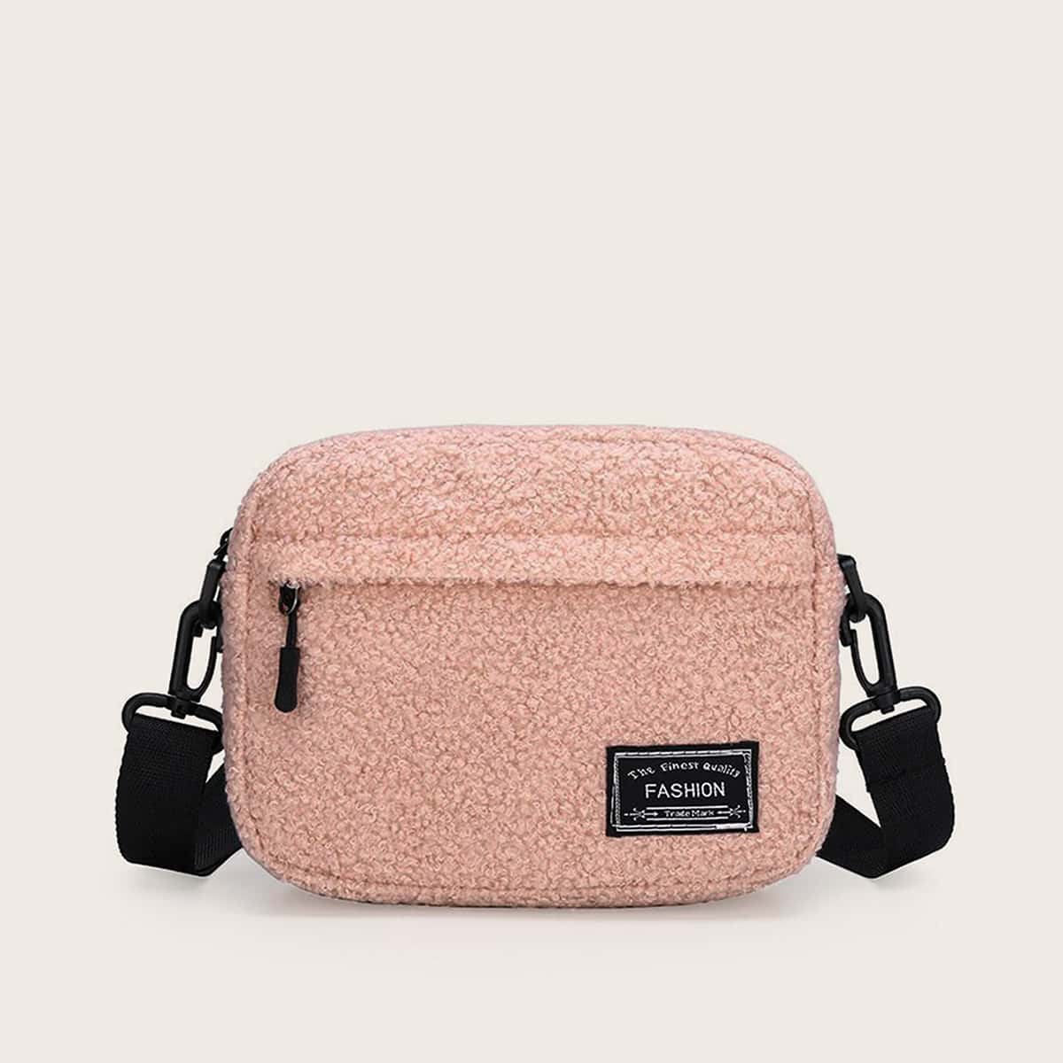 

Letter Patch Fluffy Crossbody Bag, Pink
