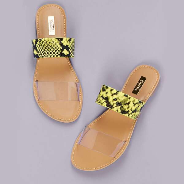 

PVC And Snakeskin Double Band Slide Sandals, Multicolor