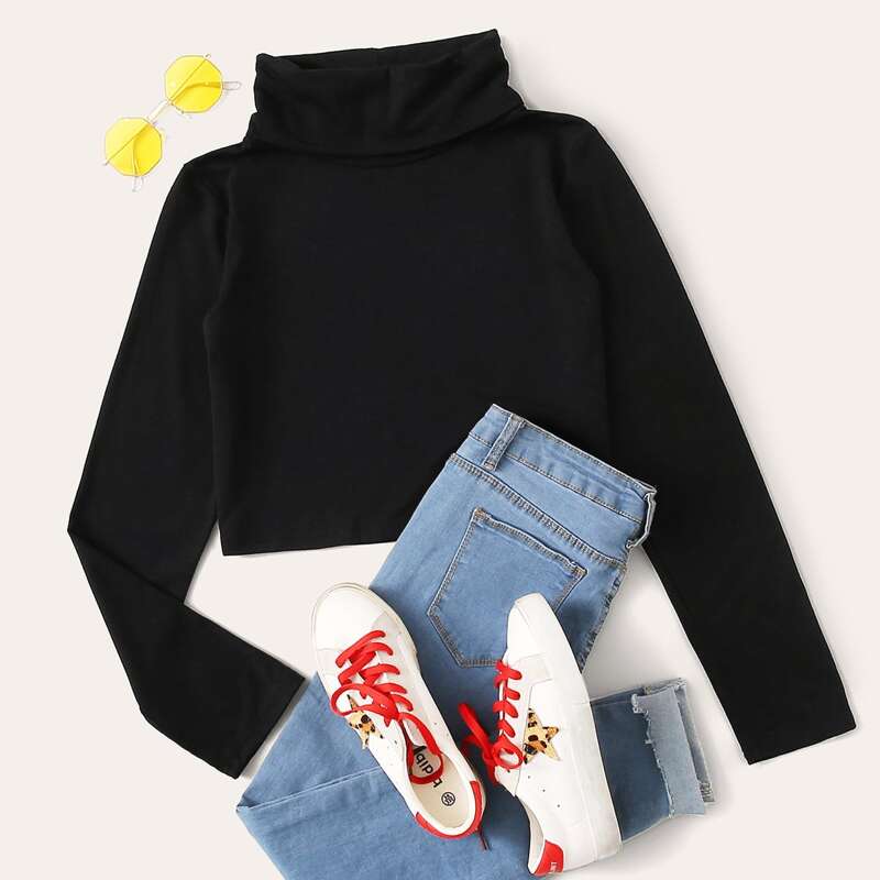 

Solid High Neck Crop Tee, Black