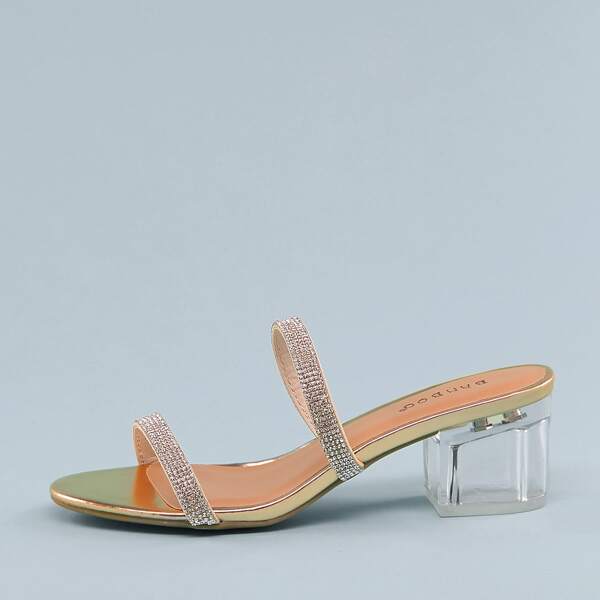

Double Rhinestone Straps Clear Block Heel Sandals, Gold