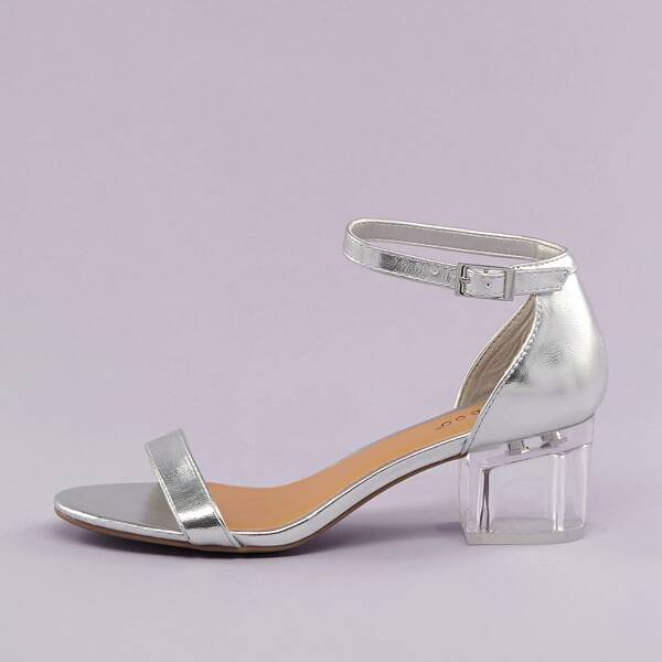 

Open Toe Ankle Strap Lucite Chunky Heel Sandals, Silver