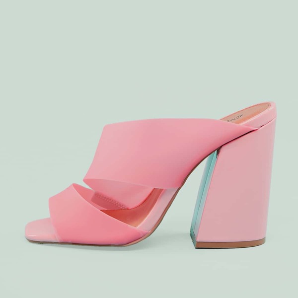 

Twin Frosted Open Toe Band Block Heel Mules, Pink