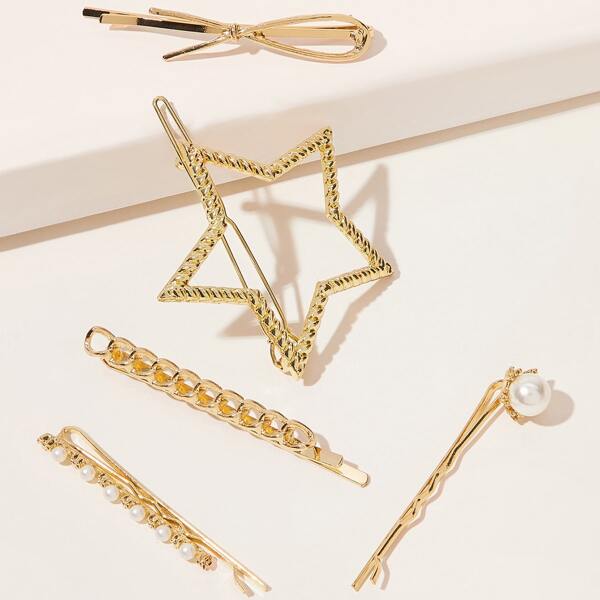 

5pcs Faux Pearl & Star Decor Hair Clip, Gold