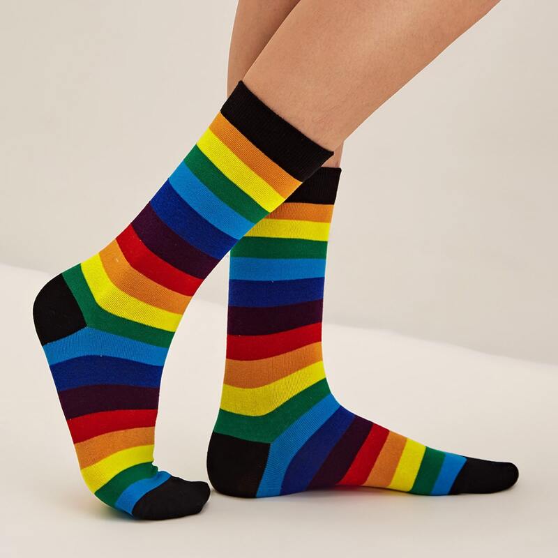 

1pair Colorful Rainbow Striped Socks, Multicolor