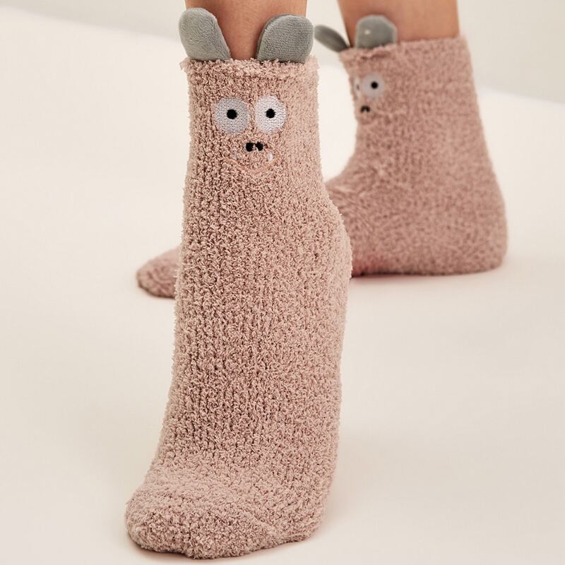 

1pair Ear Decor Floor Socks, Dusty pink