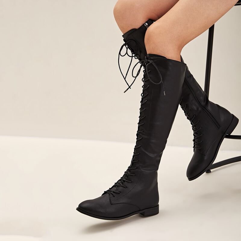

Lace-up Front Knee Length Boots, Black
