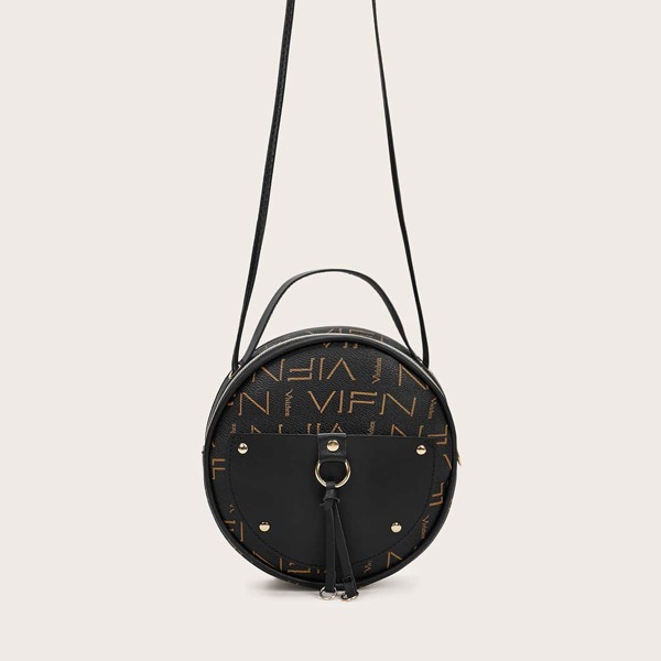 

Letter Graphic Round Shaped Satchel Bag, Black