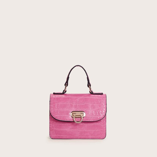 

Croc Embossed Flap Satchel Bag, Pink