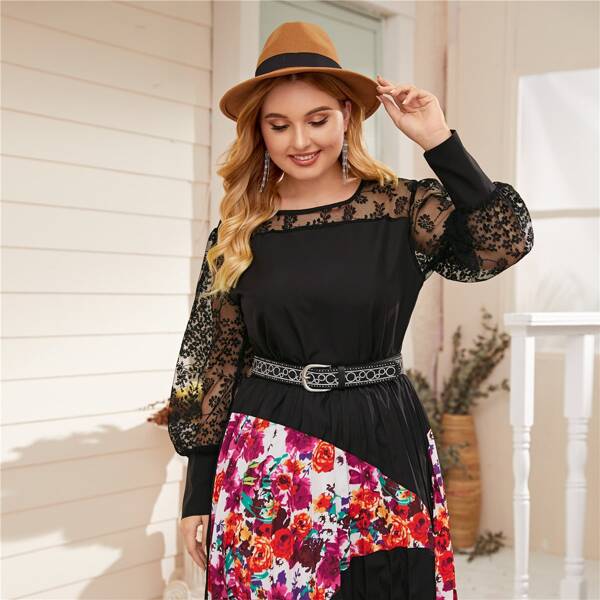 

Plus Sheer Lace Yoke Lantern Sleeve Top, Black