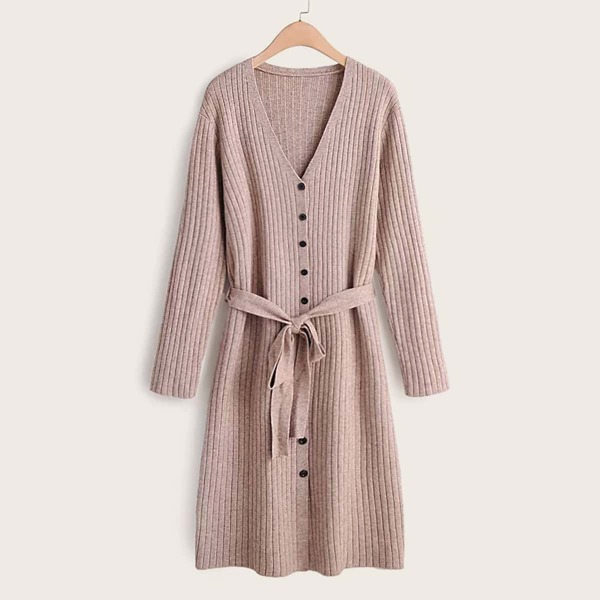

Button Through Ribbed Knit Belted Sweater Dress, Nude