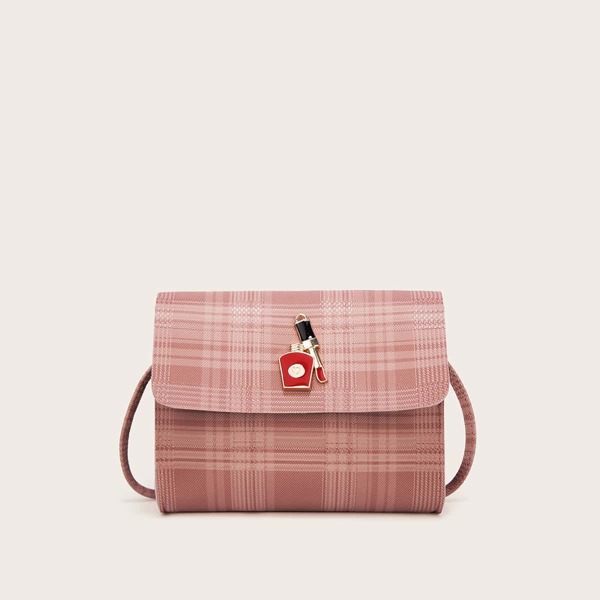 

Lipstick Decor Plaid Flap Crossbody Bag, Pink