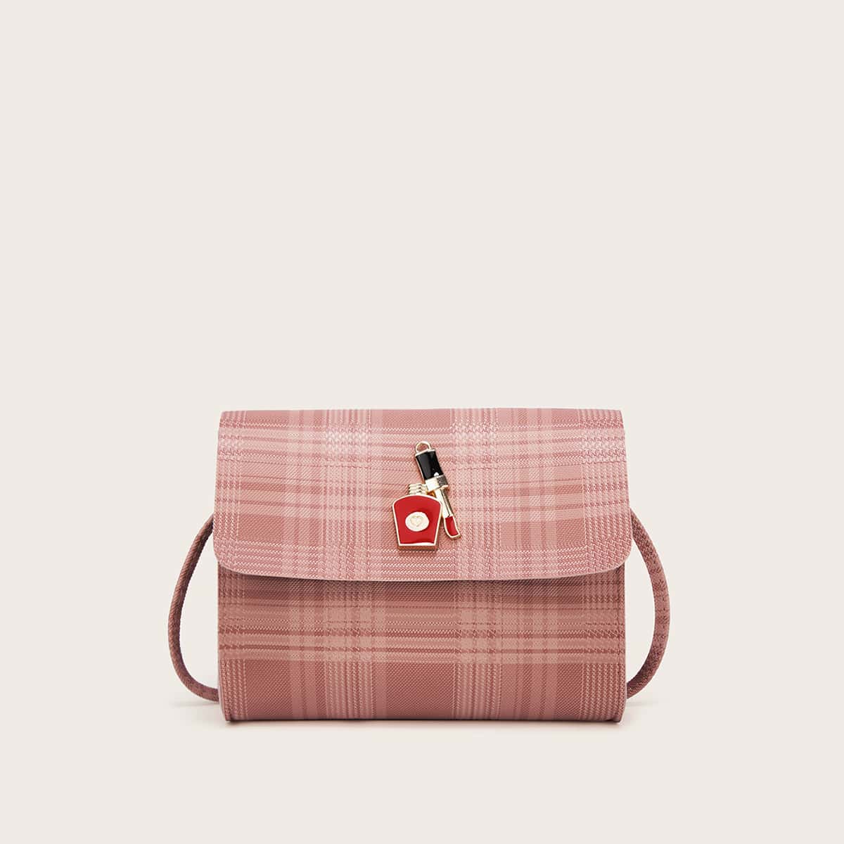 

Lipstick Decor Plaid Flap Crossbody Bag, Pink