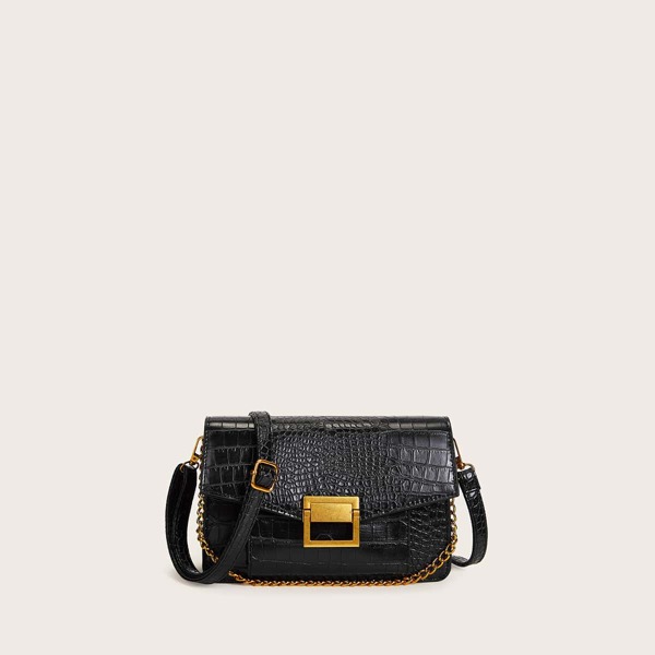 

Croc Embossed Chain Decor Crossbody Bag, Black
