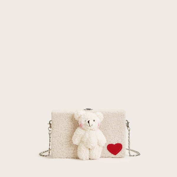 

Bear Decor Hear Patch Chain Bag, Beige