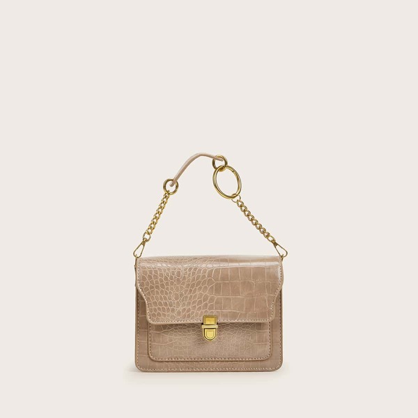 

Push Lock Croc Embossed Satchel Bag, Khaki