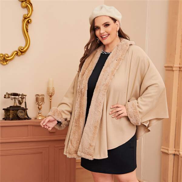 

Plus Contrast Faux Fur Open Front Coat, Khaki