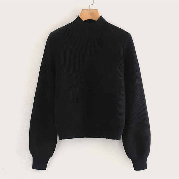 

Solid Mock Neck Robbed Knit Sweater, Black