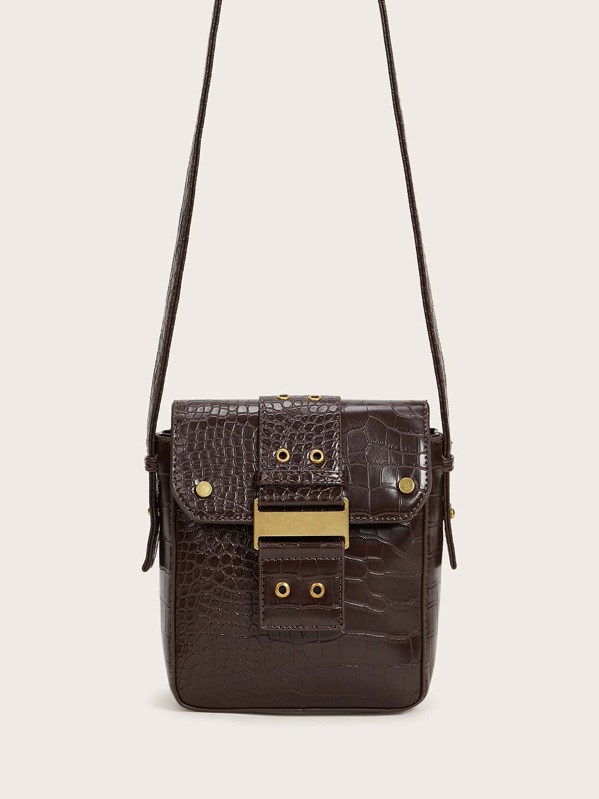 

Croc Embossed Eyelet Detail Crossbody Bag, Brown