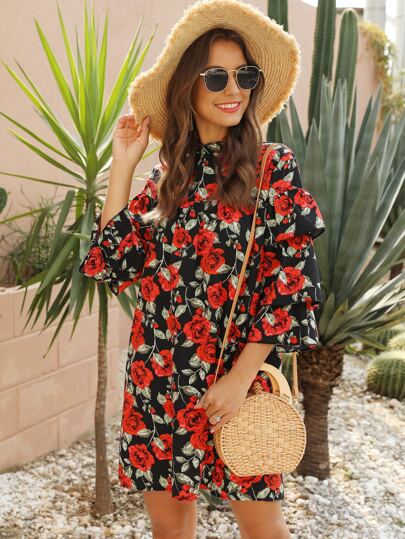 Floral Print Layered Sleeve Dress