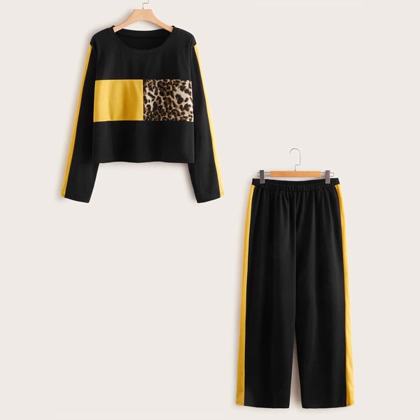

Plus Contrast Panel Leopard Print Tee With Pants, Black