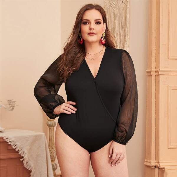 

Plus Surplice Neck Contrast Mesh Sleeve Bodysuit, Black