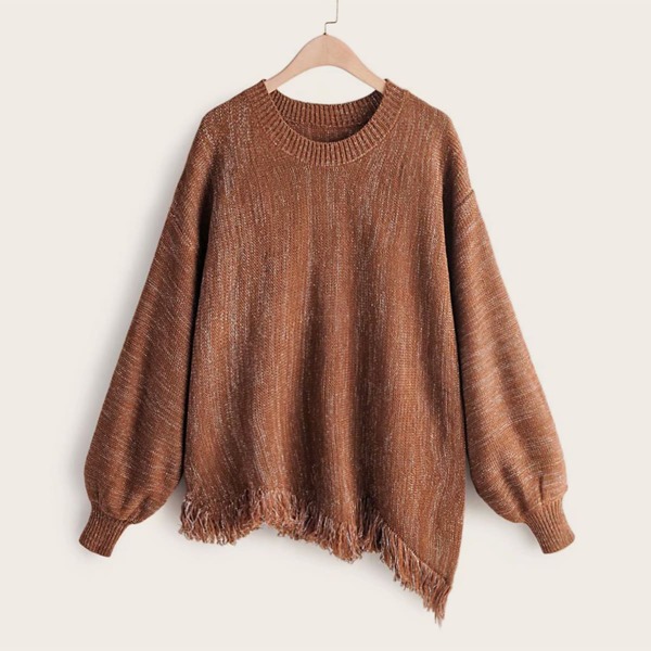 

Space Dye Asymmetrical Raw Hem Sweater, Brown