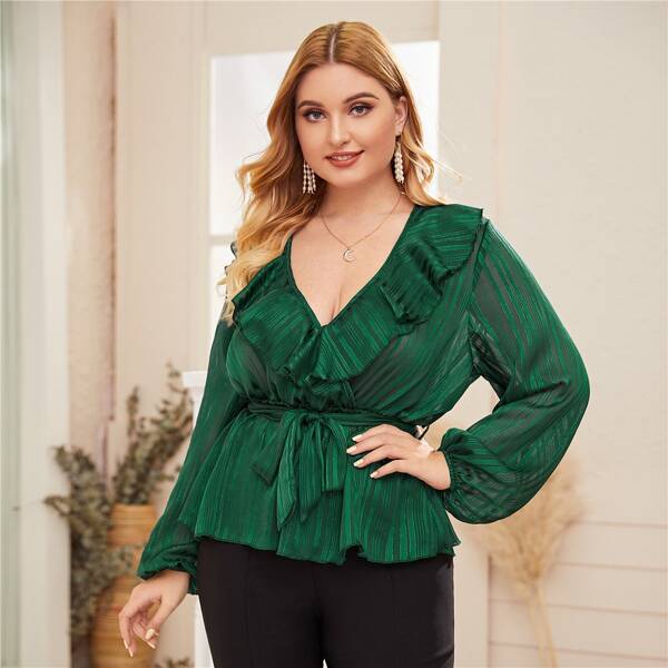 

Plus Ruffle Trim Lantern Sleeve Belted Peplum Top, Green