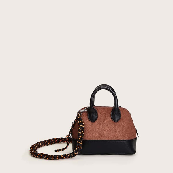 

Color Block Satchel Bag With Braided Strap, Multicolor