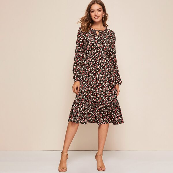 

Floral Print Tie Neck Dress, Multicolor