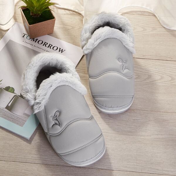 

Men Embroidered Detail Faux Fur Lined Slippers, Grey