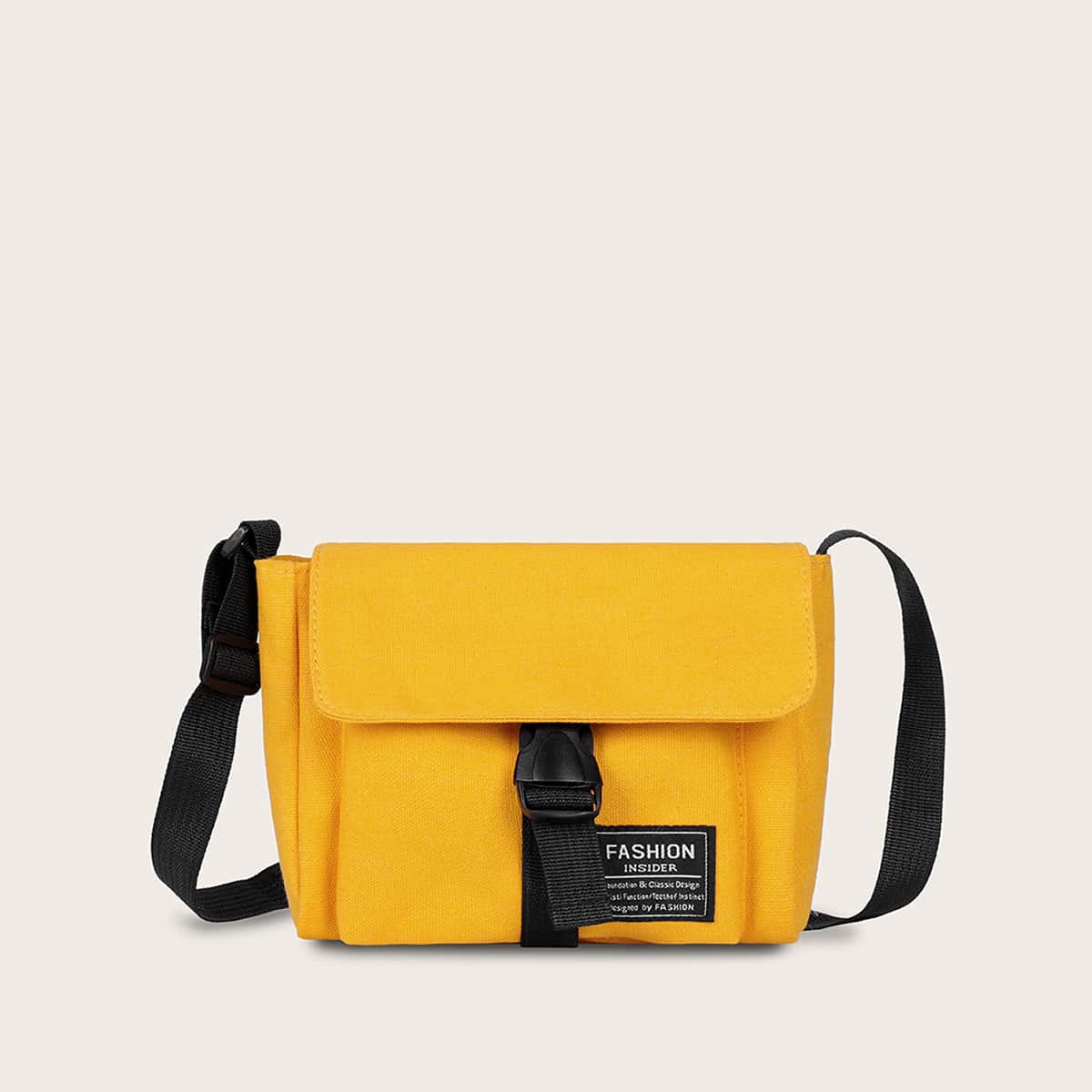 

Release Buckle Letter Graphic Canvas Crossbody Bag, Yellow