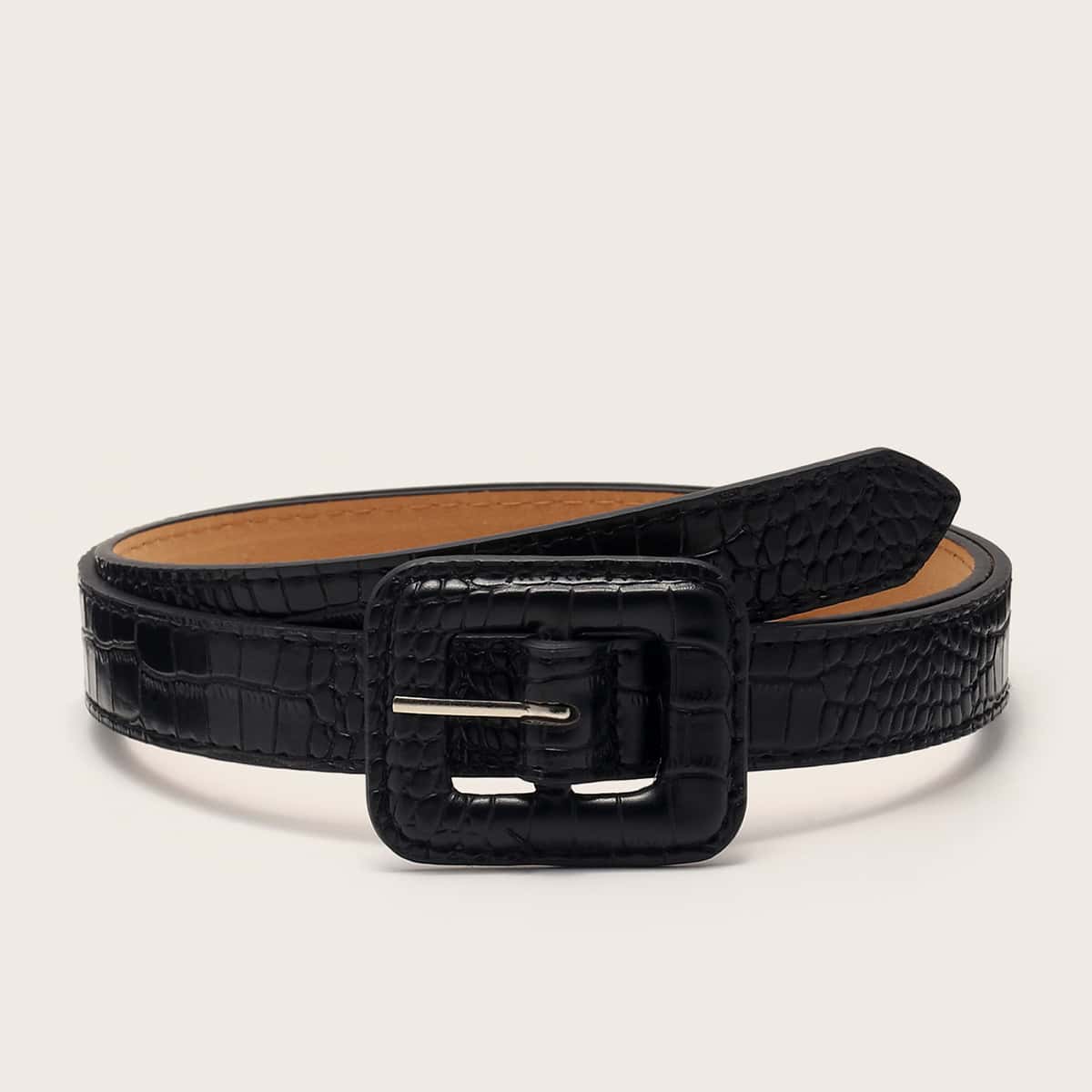 

Croc Pattern Geometric Buckle Belt, Black