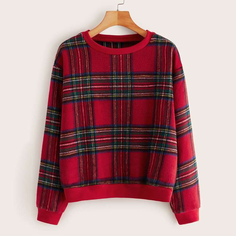 

Tartan Print Drop Shoulder New Year Sweatshirt, Red