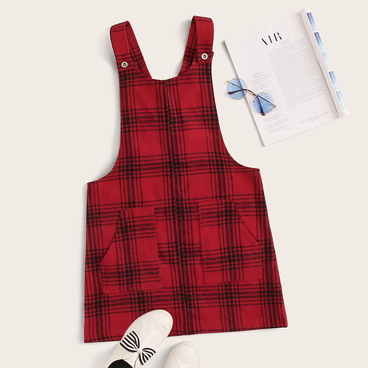

Plaid Slant Pocket Pinafore Dress, Red