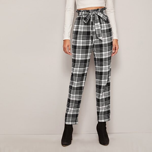 

Paperbag Waist Plaid Pants, Black and white