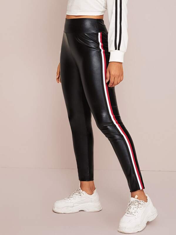 

Wide Waistband Striped Tape Side PU Leather Leggings, Black, Tina