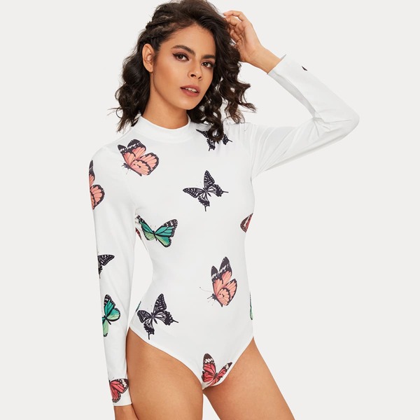 

Mock Neck Butterfly Print Bodysuit, White