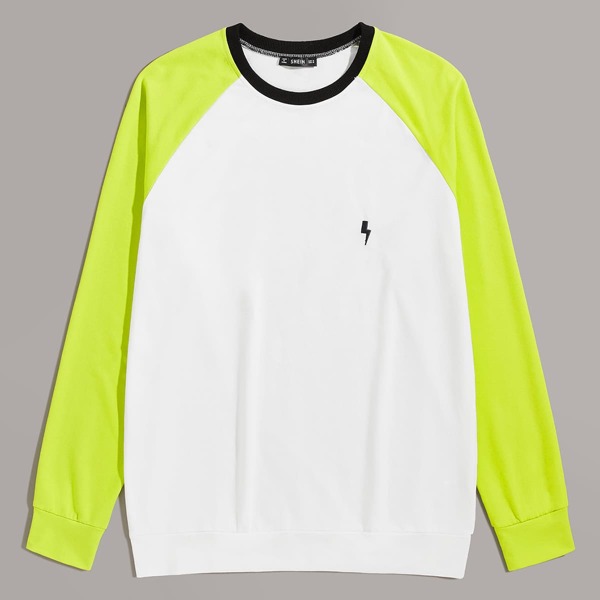 

Men Contrast Neck Neon Lime Raglan Sleeve Pullover, White