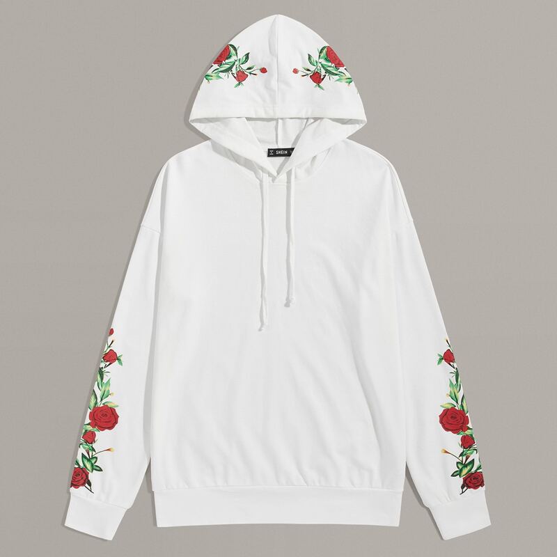 

Guys Rose Print Drawstring Hoodie, White