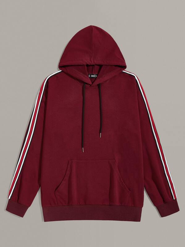 

Men Striped Tape Side Patch Pocket Drawstring Hoodie, Burgundy